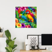 Parrot 3 Vogels Tropische palmen blauw paars Poster (Thuiskantoor)