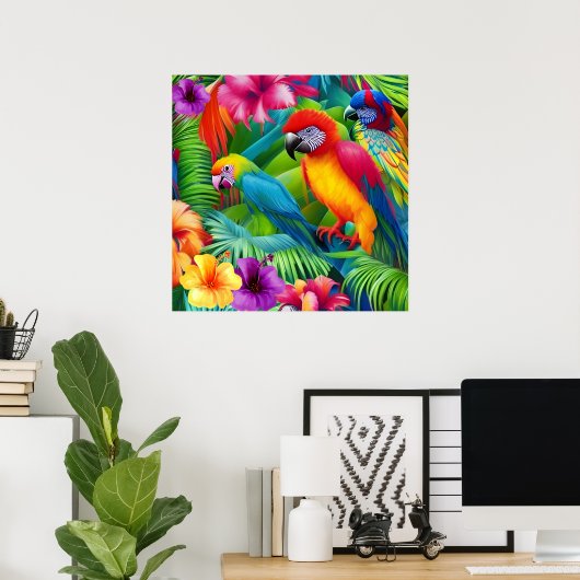 Parrot 3 Vogels Tropische palmen blauw paars Poster (Thuiskantoor)