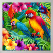 Parrot 3 Vogels Tropische palmen blauw paars Poster (Voorkant)