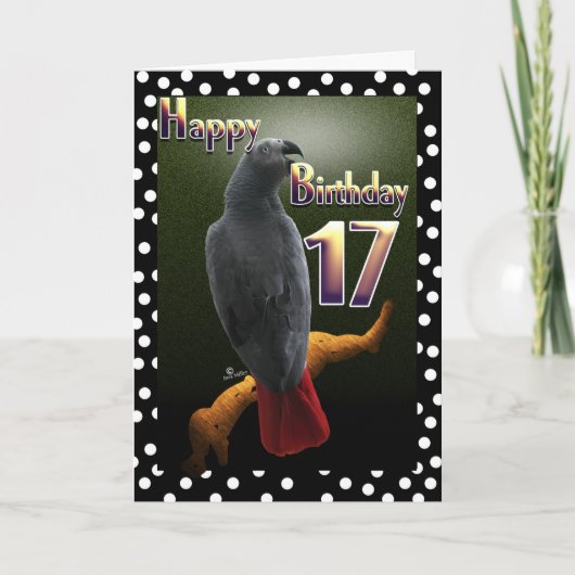 Parrot African Gray bird polka stip 17 Birthday Kaart (Voorkant)