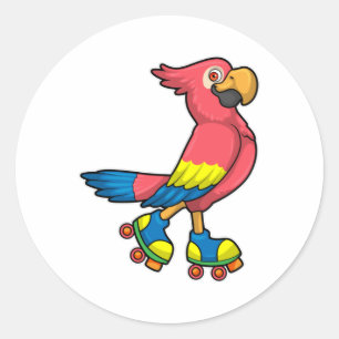 Parrot als Skater met Roller-schaatsen Ronde Sticker