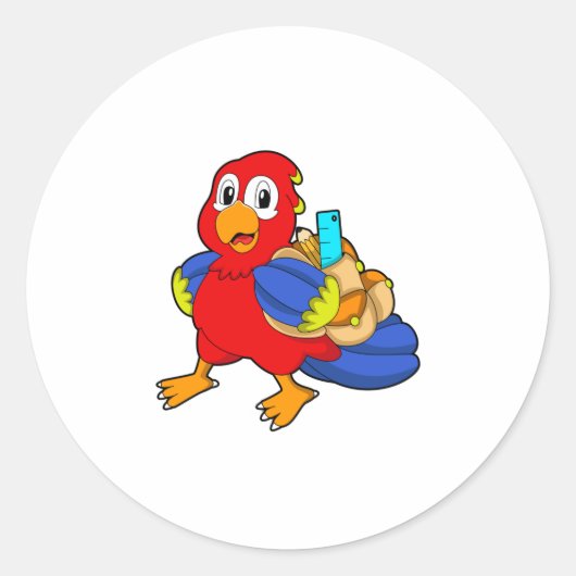 Parrot als student met rugzak ronde sticker (Voorkant)