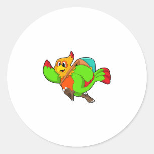 Parrot als wandelaar met rugzak ronde sticker
