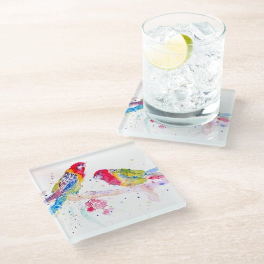 Parrot art Waterverf Painting Aqua Blauwgroen Glazen Onderzetter (Schuin)