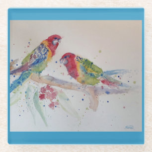 Parrot art Waterverf Painting Aqua Blauwgroen Glazen Onderzetter