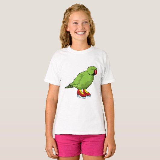 Parrot bij ijsschaatsen met ijs-schaatsen t-shirt (Voorkant volledig)