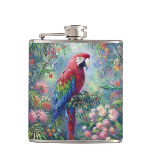 Parrot Bird Oerwoud Bloemen Rood Blauw Groen Bloem Heupfles (Voorkant)