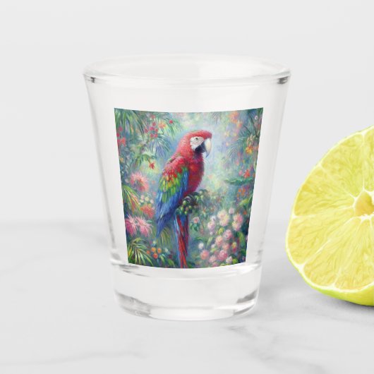 Parrot Bird Oerwoud Bloemen Rood Blauw Groen Bloem Shot Glas (Voorkant)
