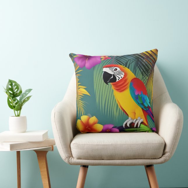 Parrot Bird Tropical Floral palms blauw paars rood Kussen (Stoel)