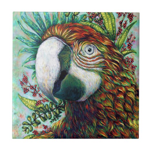 Parrot Bird Tropische Bloemen Groene Kunst Keramis Tegeltje (Voorkant)