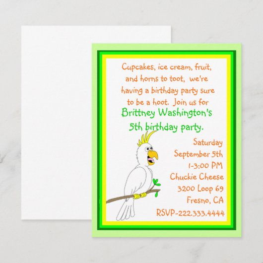Parrot Birthday Invitation Kaart (Voorkant / Achterkant)
