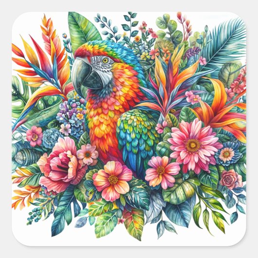 Parrot Botanische Waterverf Kunst Vierkante Sticker (Voorkant)