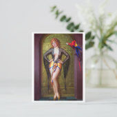 Parrot en meisje achter gouden deur omhoog briefkaart (Staand voorkant)