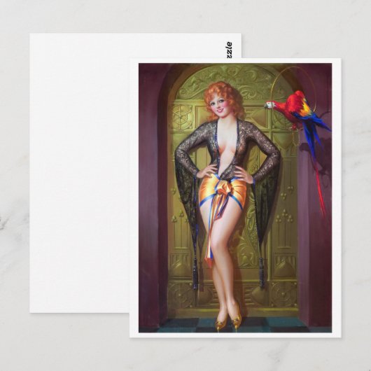 Parrot en meisje achter gouden deur omhoog briefkaart (Voorkant / Achterkant)