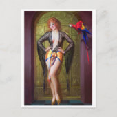 Parrot en meisje achter gouden deur omhoog briefkaart (Voorkant)