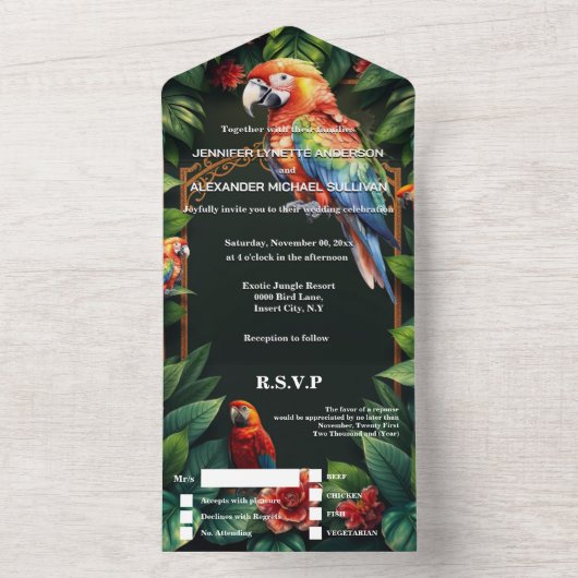 Parrot Exotisch oerwoud Paradijsvogel bruiloft RSV All In One Uitnodiging (Binnen)