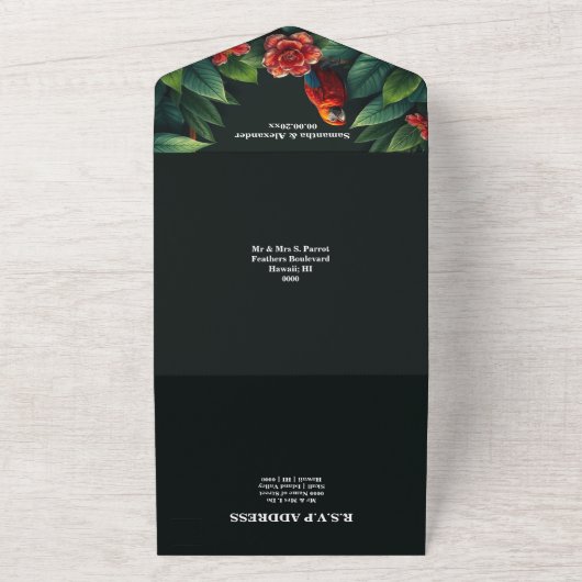 Parrot Exotisch oerwoud Paradijsvogel bruiloft RSV All In One Uitnodiging (Buitenkant)