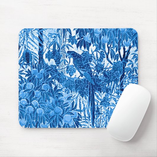 Parrot in a Jungle Setting, Indigo Blue and White Muismat (Met muis)