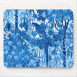 Parrot in a Jungle Setting, Indigo Blue and White Muismat