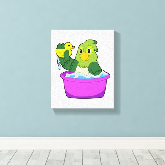 Parrot in Bathtub met Duck Canvas Afdruk (Insitu (Houten vloer))