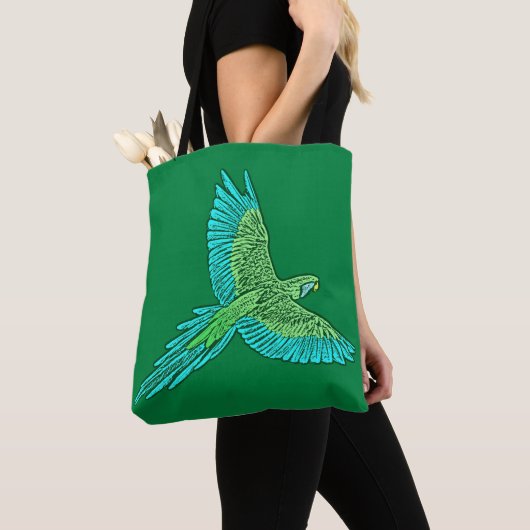 Parrot in Flight, Jade Green en Turquoise Tote Bag (Dichtbij)