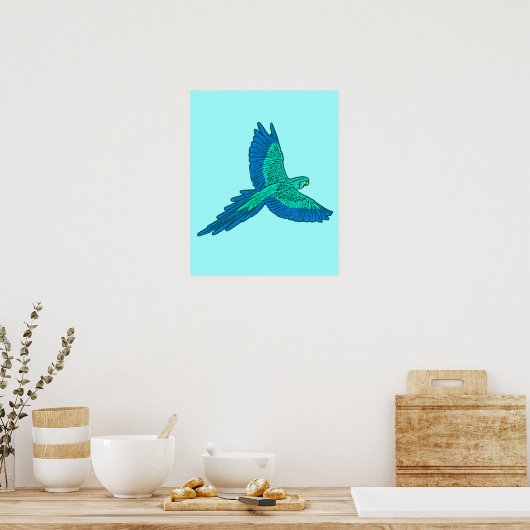 Parrot in vlucht, Aqua en Cobalt Blue Poster (Keuken)
