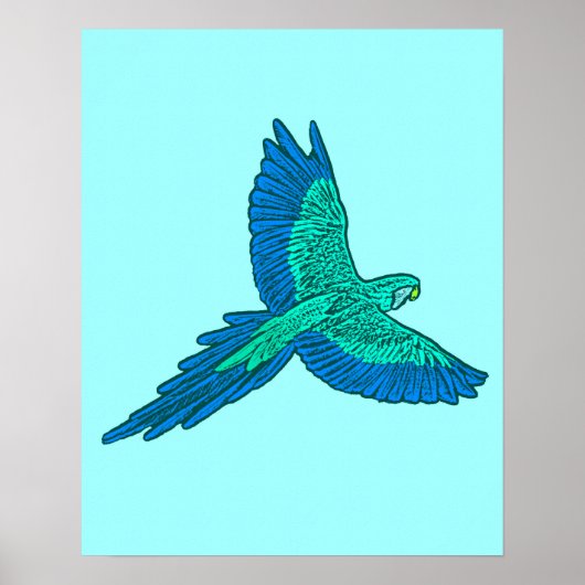 Parrot in vlucht, Aqua en Cobalt Blue Poster (Voorkant)