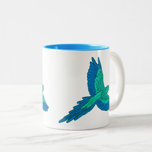 Parrot in vlucht, Aqua en Cobalt Blue Tweekleurige Koffiemok (Voorkant rechts)