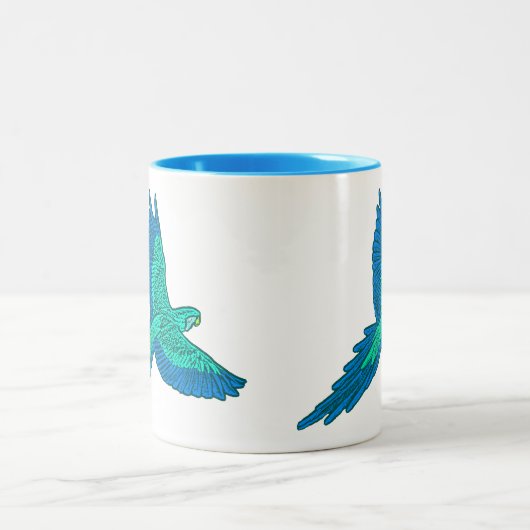 Parrot in vlucht, Aqua en Cobalt Blue Tweekleurige Koffiemok (Center)