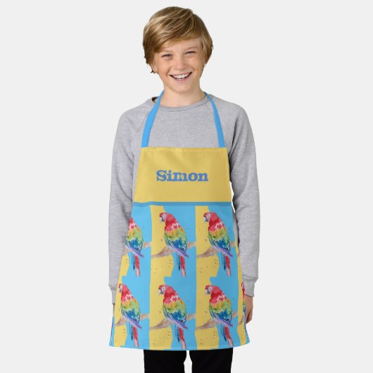 Parrot Macaw Pastel Blue Bird Birthday Boys Apron Schort (Gedragen)