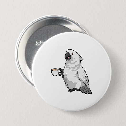 Parrot met beker koffie ronde button 7,6 cm (Voorkant /achterkant)