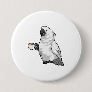 Parrot met beker koffie ronde button 7,6 cm