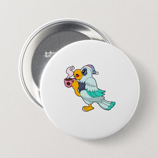 Parrot met beker koffie ronde button 7,6 cm (Voorkant /achterkant)