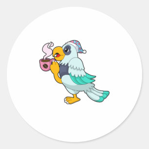 Parrot met beker koffie ronde sticker