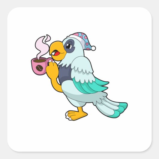 Parrot met beker koffie vierkante sticker (Voorkant)