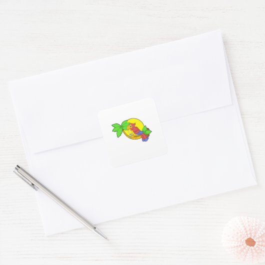 Parrot met Coconut Vierkante Sticker (Envelop)
