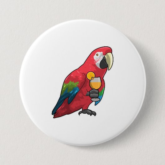 Parrot met glas Oranje sap Ronde Button 7,6 Cm (Voorkant)