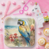 Parrot met Tropische Bloemen Papieren Bordje (Feest)