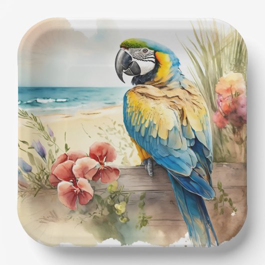 Parrot met Tropische Bloemen Papieren Bordje (Voorkant)
