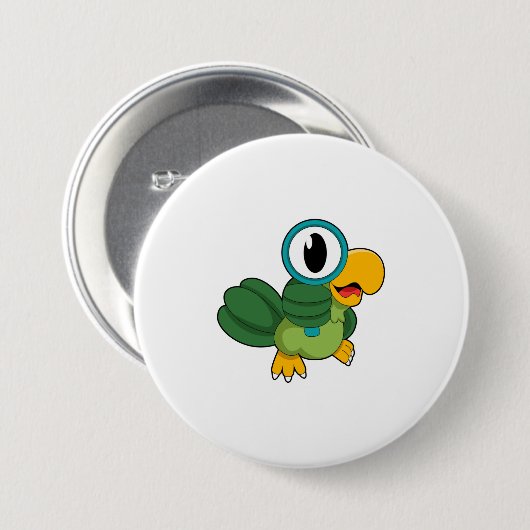 Parrot met vergrootglas ronde button 7,6 cm (Voorkant /achterkant)
