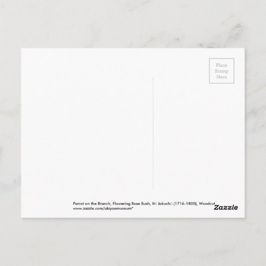 Parrot op de Tak, bloeiende Roos Struik, Jakuchu Briefkaart (Achterkant)