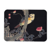 Parrot op de Tak, bloeiende Roos Struik, Jakuchu Magneet (Horizontaal)