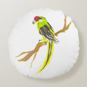 Parrot op een tak. Waterverf schilderen. Rond Kussen
