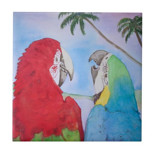 Parrot Pair Happy Talking Couple Tile Painting Tegeltje (Voorkant)