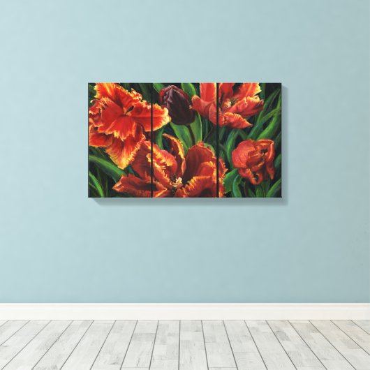 "Parrot Tulips Triptych Canvas Print" (Insitu (Houten vloer))