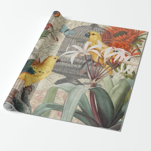 Parrot Yellow Tropical Antiek Flower Cadeaupapier (Uitgerold)