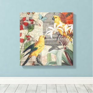 Parrot Yellow Tropical Antiek Flower Canvas Afdruk