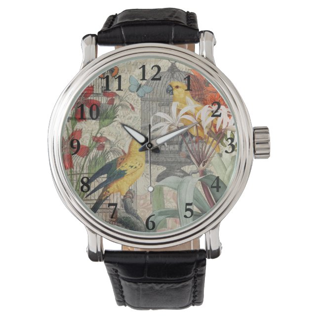 Parrot Yellow Tropical Antiek Flower Horloge (Voorkant)