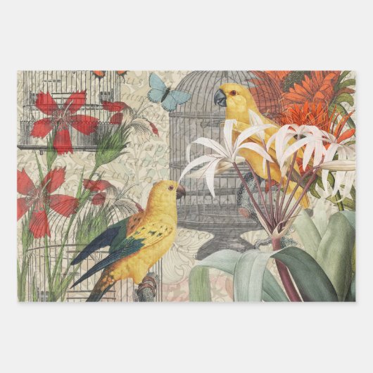 Parrot Yellow Tropical Antiek Flower Inpakpapier Vel (Voorkant)