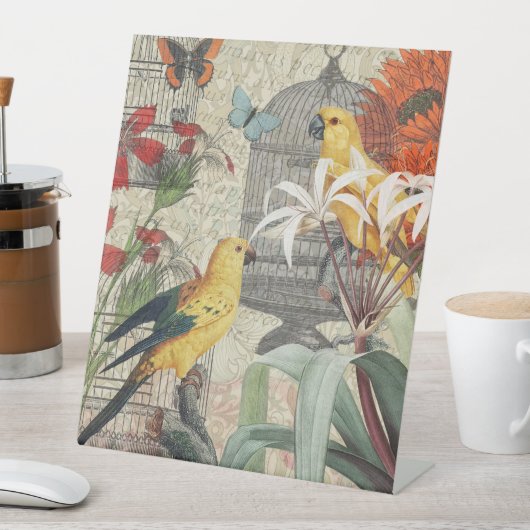 Parrot Yellow Tropical Antiek Flower Reclamebord Met Voetstuk (Insitu)